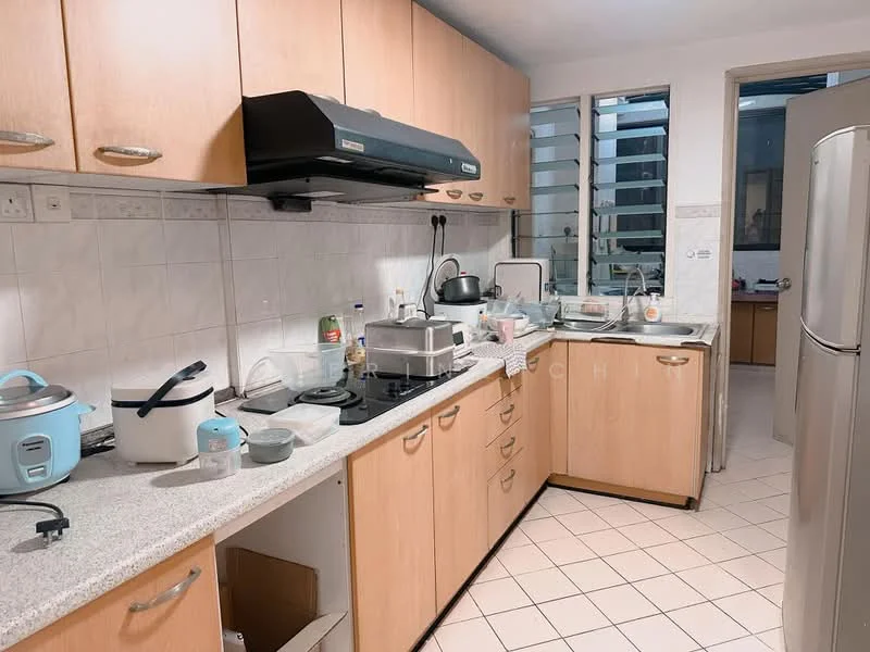 Kitchen features: light wood cabinetry, grey granite countertop, white tiled backsplash, stainless-steel range hood, 4-burner gas hob, built-in oven, microwave, rice cooker, stainless-steel fridge, single-bowl stainless-steel sink, chrome pull-down faucet, ceramic tile flooring, window with horizontal slats, open shelving, kettle; style: modern.
