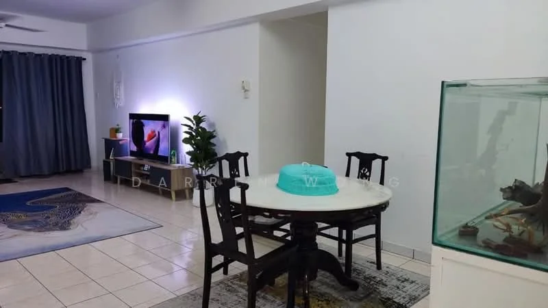 Dining features: round dining table, 4 dining chairs, area rug with geometric pattern, wall-mounted TV, floor-to-ceiling curtains, light-colored walls, tile flooring, decorative plant, fish tank; style: modern. Living features: sofa, coffee table, TV console, area rug, light-colored walls, tile flooring; style: modern.