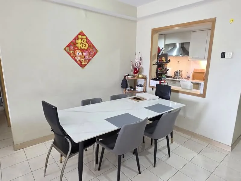 Dining features: marble dining table, 6 upholstered dining chairs in grey, decorative wall art, white painted walls, tile flooring, open kitchen view, window with natural light, table placemats; style: modern; view: kitchen.