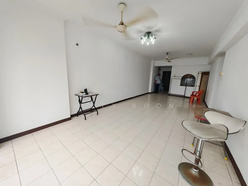 Living features: white painted walls, ceramic tile flooring, 5-blade ceiling fan, recessed downlights, bar stools, small dining table, red plastic chair, open layout.