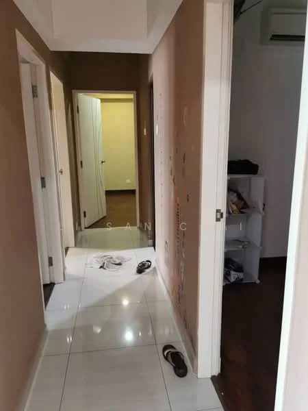 Hallway features: white painted walls, glossy ceramic tile flooring, wood flooring, door frames, light switch, sliding door, open shelving unit, shoes on the floor.