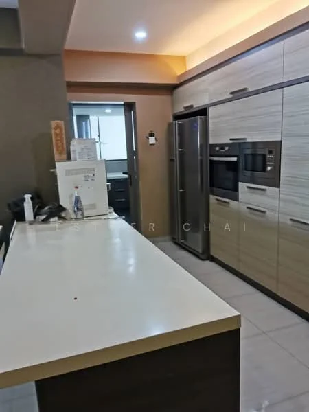 Kitchen features: laminate cabinetry in light wood finish, stainless-steel fridge, built-in oven, built-in microwave, white countertop, ceramic tile flooring, recessed downlights, kitchen island with seating, wall-mounted cabinets, splashback with neutral color, single-bowl stainless-steel sink, chrome pull-down faucet; style: modern.