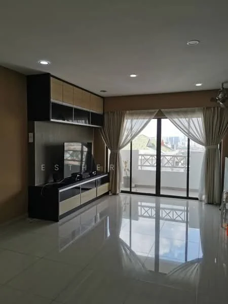 Living features: white painted walls, glossy tile flooring, floor-to-ceiling windows, sliding glass door, sheer curtains, black TV console, wall-mounted TV, built-in cabinetry, recessed downlights, ceiling fan; style: modern; view: city.