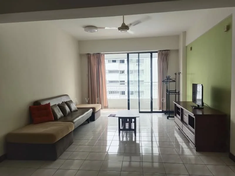 Living features: 3-seater fabric sofa in grey, red and grey decorative cushions, coffee table, TV console, wall-mounted TV, floor-to-ceiling windows, curtains in beige, ceiling fan, white painted walls, glossy ceramic tile flooring; style: modern; view: city.