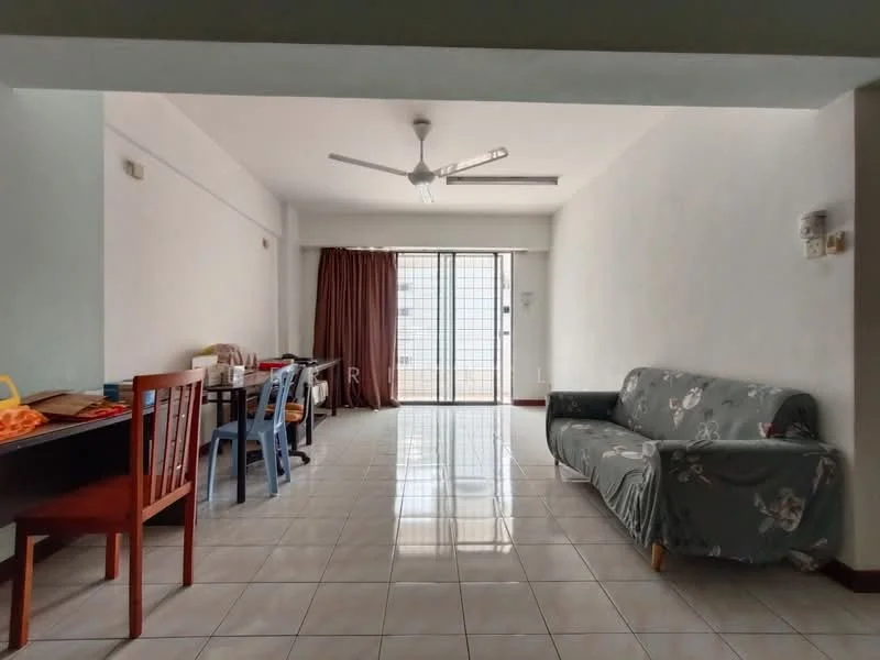 Living features: white painted walls, glossy ceramic tile flooring, 5-blade ceiling fan with light, floor-to-ceiling sliding glass door, curtains, sofa with floral pattern, coffee table, dining table with chairs, dining chairs in blue and brown, area rug; style: modern; view: city.