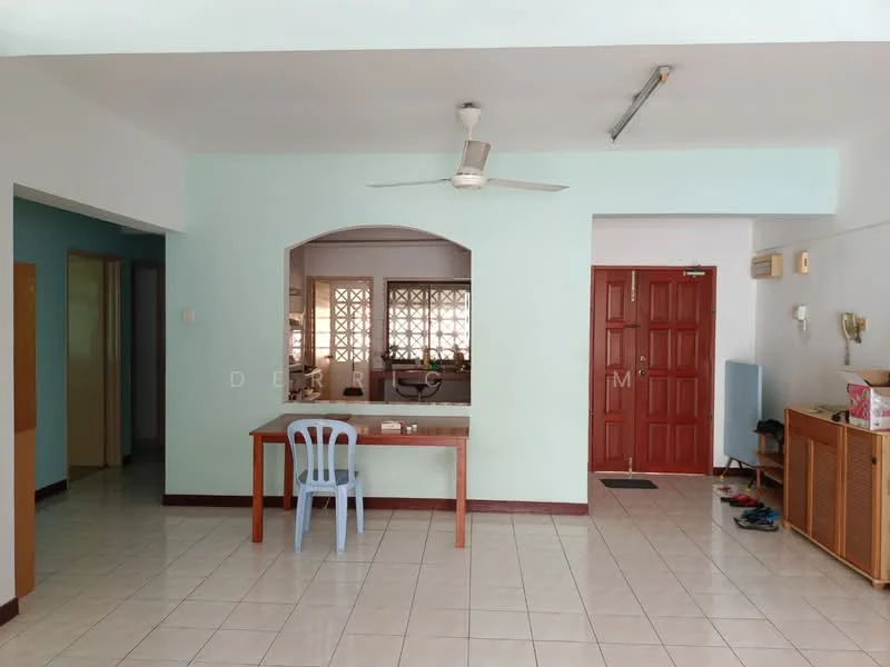 Living features: light blue painted walls, white tiled flooring, ceiling fan, wooden door with multiple panels, arched entryway, dining table with 2 chairs, wall-mounted air conditioning unit, shoe rack, decorative wall with window grills, entrance door with security features; style: modern.