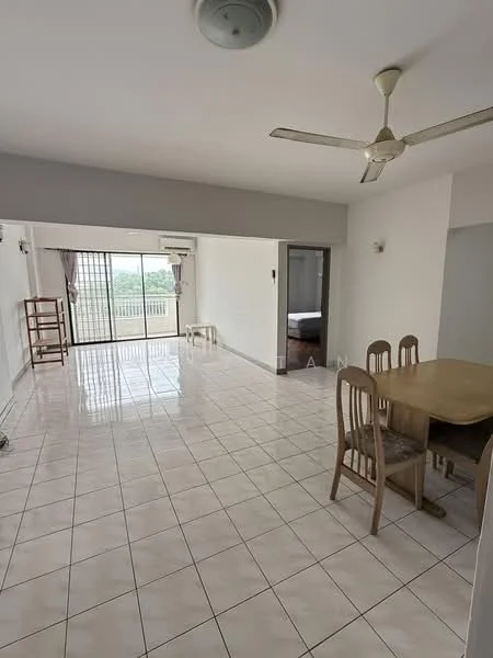 Living features: white painted walls, glossy ceramic tile flooring, 5-blade ceiling fan, floor-to-ceiling windows, sliding glass door, dining table with four chairs, open layout, air conditioning unit; style: modern; view: garden.