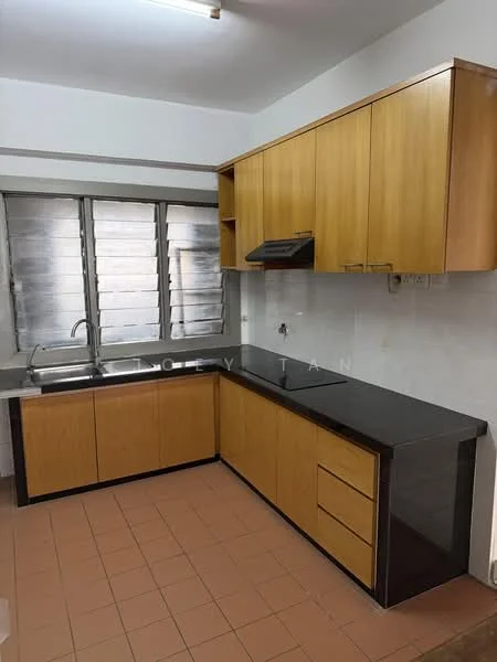 Kitchen features: wood cabinetry in light brown, black granite countertop, single-bowl stainless-steel sink, chrome pull-down faucet, built-in range hood, tile backsplash, window with metal grilles, ceramic tile flooring in beige, under-cabinet lighting, open shelving, base cabinets with drawers; style: modern.