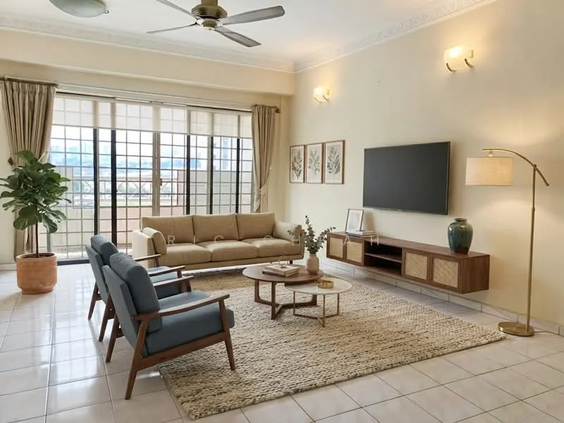 Living features: 3-seater fabric sofa in beige, 2 armchairs in blue fabric, round wooden coffee table, area rug with natural fibers, wall-mounted flat-screen TV, wooden TV console with rattan details, floor lamp with curved arm, potted indoor plant, large windows with sheer curtains, ceiling fan with light, neutral painted walls, tile flooring; style: modern; view: city.