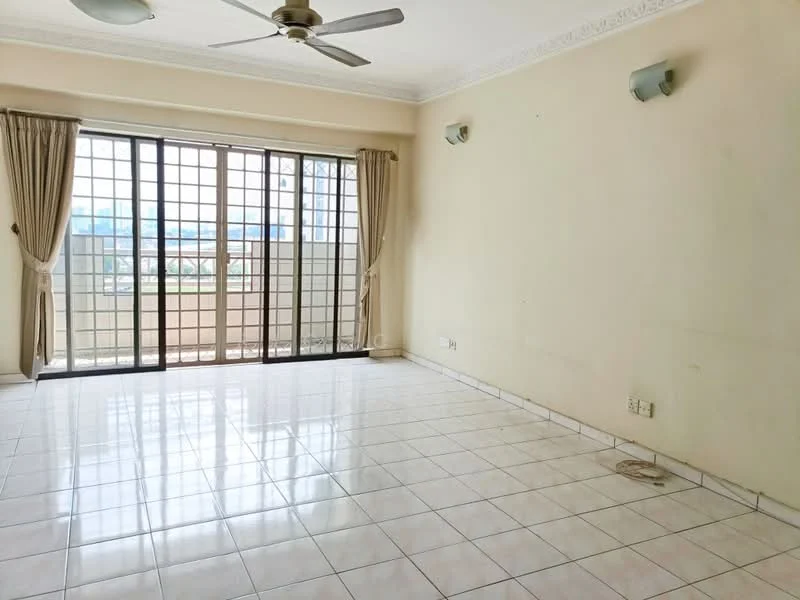 Living features: white painted walls, ceramic tile flooring, 5-blade ceiling fan, floor-to-ceiling windows, sliding glass door, curtains, neutral color scheme, wall-mounted light fixtures; style: modern; view: city.