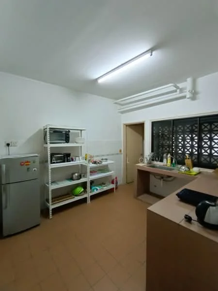 Kitchen features: white painted walls, brown laminate countertop, stainless-steel fridge, open shelving units, sink, kitchen faucet, window with metal grille, tile flooring, ceiling lights, kitchen appliances, dish rack, cleaning supplies.