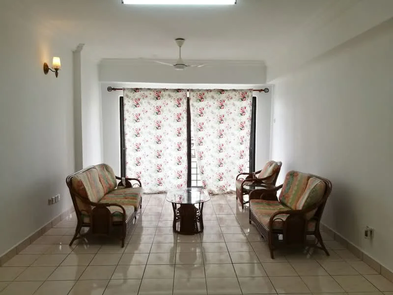 Living features: white painted walls, glossy tile flooring, 5-blade ceiling fan, two 2-seater rattan sofas with cushions, glass coffee table, floral patterned sheer curtains, sliding glass doors, wall-mounted light fixture; style: modern.