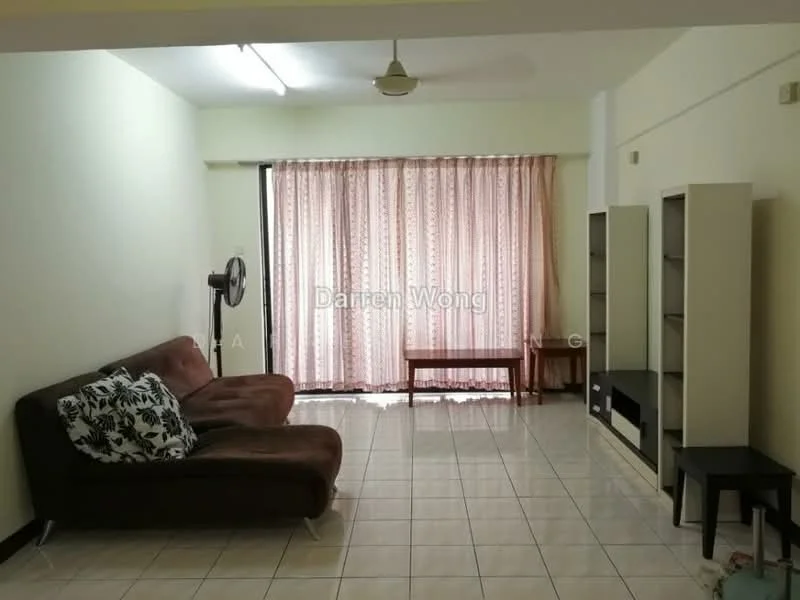 Living features: 3-seater fabric sofa in brown, decorative throw pillows, wooden coffee table, TV console, floor-to-ceiling windows, sheer curtains, light-colored painted walls, tile flooring, ceiling fan with light, wall-mounted shelving unit; style: modern.