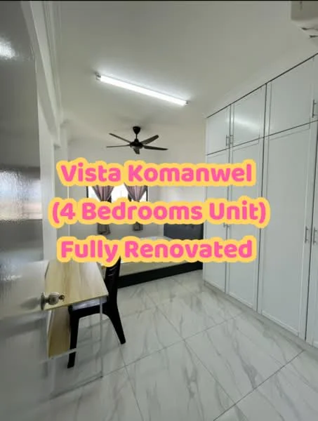 Room features: white painted walls, grey tiled flooring, ceiling fan, built-in wardrobes, wooden table, black chair, LED ceiling lights; style: modern.