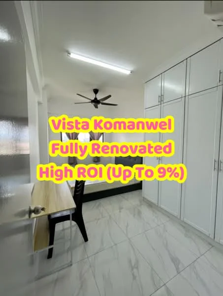 Room features: white walls, marble tile flooring, ceiling fan, built-in cabinets, wooden table, black chair, LED ceiling lights; style: modern.