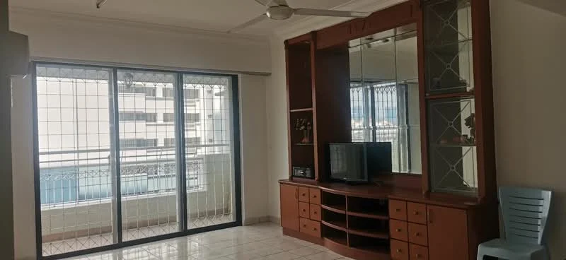 Living features: floor-to-ceiling windows, sliding glass door, cream painted walls, ceramic tile flooring, ceiling fan, built-in wooden TV console, wall-mounted TV, decorative mirror, glass display cabinets, balcony view; style: modern; view: city.
