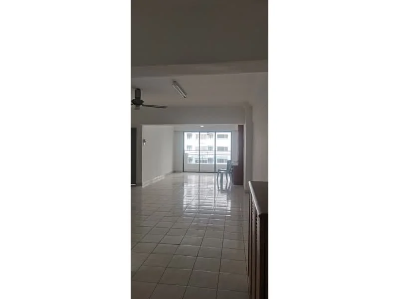 Room features: white painted walls, glossy tile flooring, ceiling fan, sliding glass door, floor-to-ceiling windows, natural light, open layout, dining table, balcony view; style: modern.