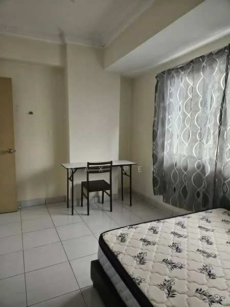 Bedroom features: white painted walls, tile flooring, single bed mattress, desk with chair, floor-to-ceiling window, curtains with geometric pattern, crown moulding, light fixture on ceiling.