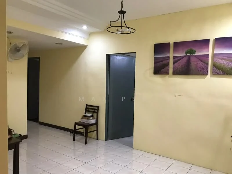 Room features: yellow painted walls, white ceiling, tile flooring, wall-mounted ceiling fan, framed artwork on wall, wooden chair, doorway leading to another room, light fixture hanging from ceiling.