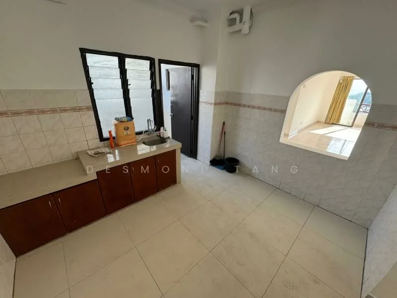 Kitchen features: light-colored tiled flooring, white tiled walls with decorative border, brown wooden cabinetry, countertop with integrated sink, single-bowl stainless-steel sink, window with black frames, arched opening to adjacent room, clean and minimalistic design; style: modern. Room features: light-colored tiled flooring, window with sheer curtains, access to balcony or outdoor area.