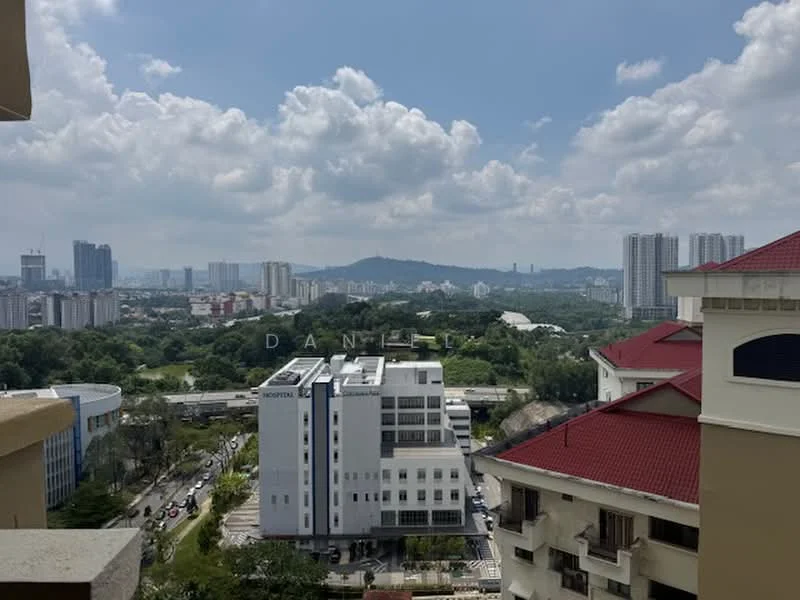 Exterior type: high-rise condominium; features: city skyline view, surrounded by greenery, red pitched tile roof, modern architectural design, multiple high-rise buildings in the background, open urban landscape; style: modern.