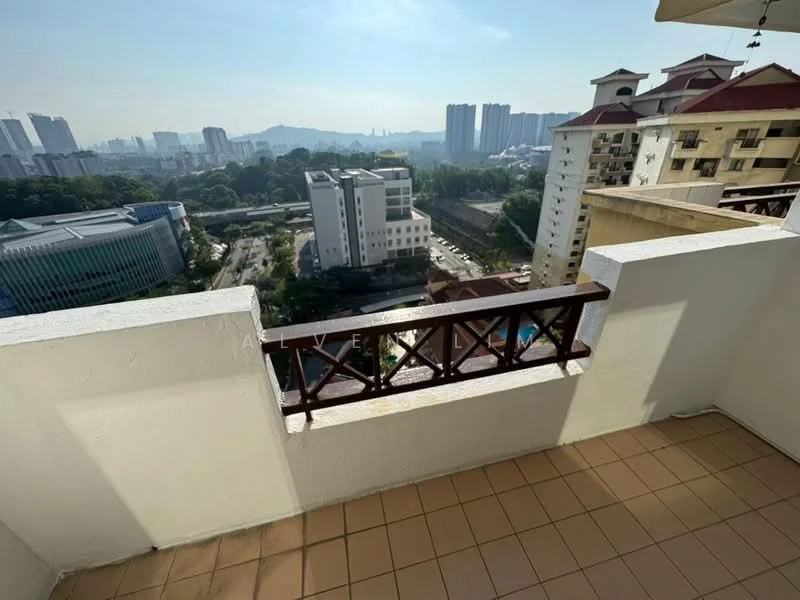 Balcony features: white painted walls, brown wooden railing, terracotta tile flooring, city skyline view, outdoor space; view: city.
