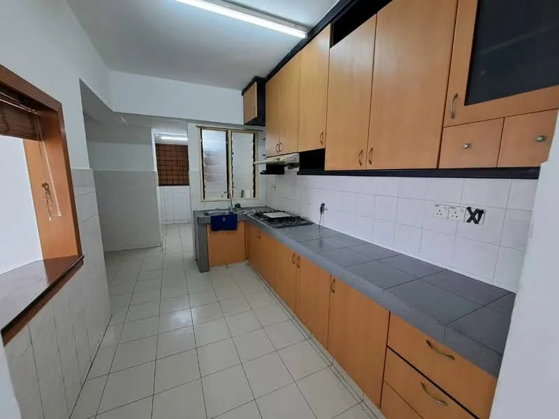 Kitchen features: light wood cabinetry, grey countertop, single-bowl stainless-steel sink, chrome pull-down faucet, built-in gas hob, wall-mounted range hood, white tiled backsplash, white tiled flooring, window with grid pattern, open layout, under-cabinet lighting; style: modern.