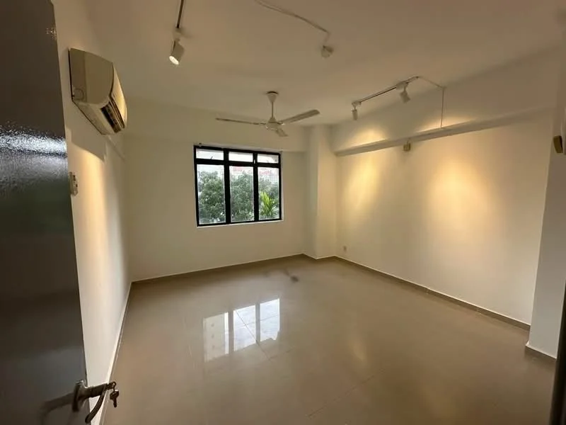 Room features: white painted walls, polished ceramic tile flooring, ceiling fan, 1 wall-mounted split AC, large windows, natural light, track lighting, neutral color scheme; style: modern; view: garden.