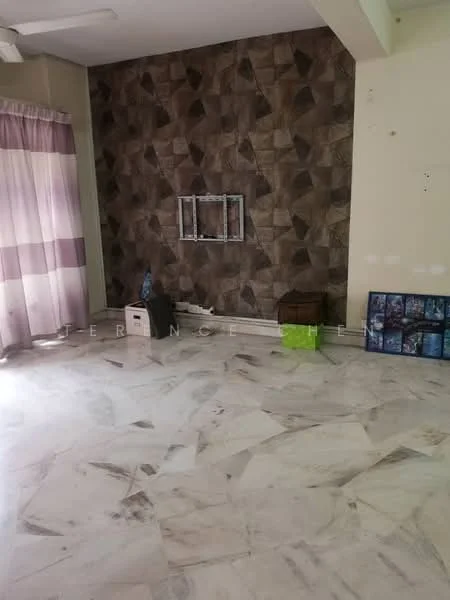 Room features: marble flooring, geometric patterned accent wall, cream painted walls, large window with sheer curtains, box storage, display shelf, exposed electrical wiring, wall-mounted fixtures; style: modern.