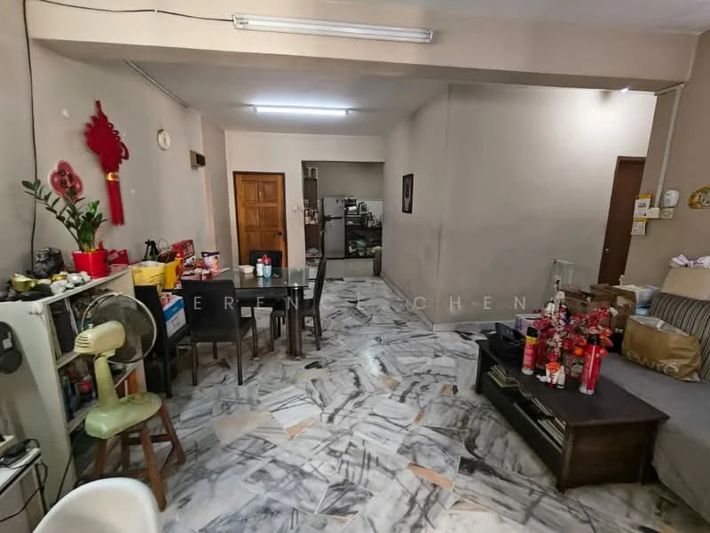 Living features: marble flooring, cream painted walls, sofa, coffee table, dining table with chairs, refrigerator, kitchen area visible, decorative plants, wall-mounted clock, light fixtures, storage cabinets.