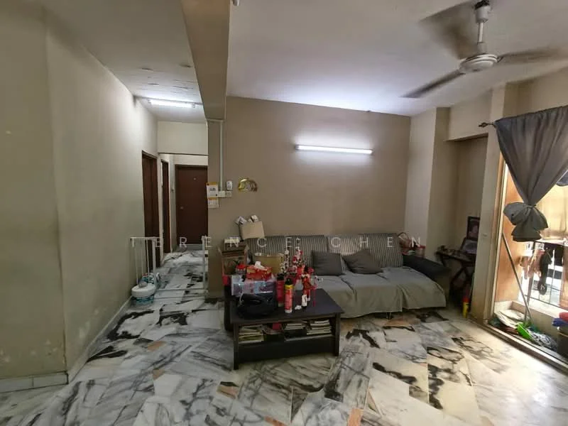 Living features: marble flooring, cream painted walls, ceiling fan, sofa with cushions, coffee table, wall-mounted light, sliding glass door, curtains, decorative items on table.