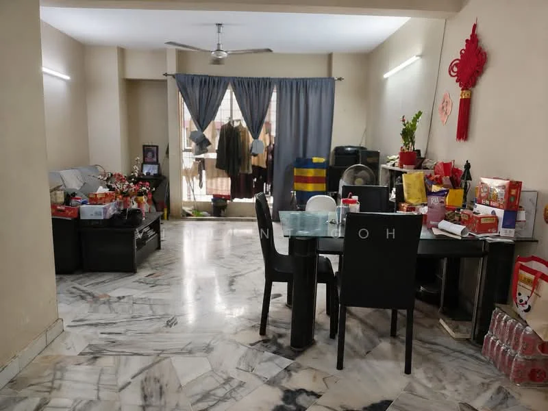 Living features: marble flooring, cream painted walls, ceiling fan, dining table with black chairs, sofa with decorative cushions, curtains, decorative plants, wall-mounted decorations, storage cabinets, various decorative items on surfaces.