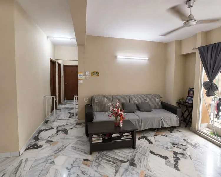 Living features: grey fabric sofa, coffee table, marble flooring, cream painted walls, ceiling fan, floor-to-ceiling windows with sheer curtains, decorative plants, wall-mounted photo frames; style: modern. Room features: doorway leading to other rooms, light fixtures on ceiling.