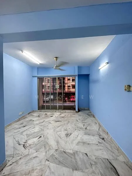 Room features: blue painted walls, marble flooring, 5-blade ceiling fan, sliding glass door, floor-to-ceiling windows, natural light from windows, LED wall sconce lighting, open layout; style: modern; view: city.