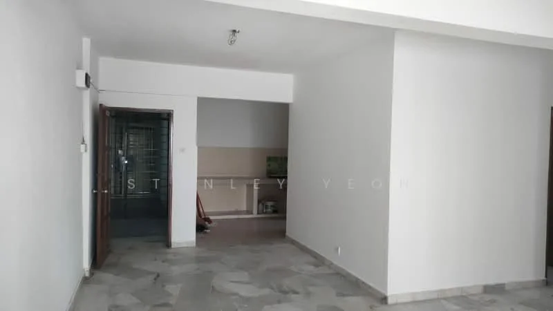 Room features: white painted walls, marble flooring, ceiling light fixture, doorway leading to another room, neutral color scheme, open layout, large wall space, no visible furniture; style: modern.