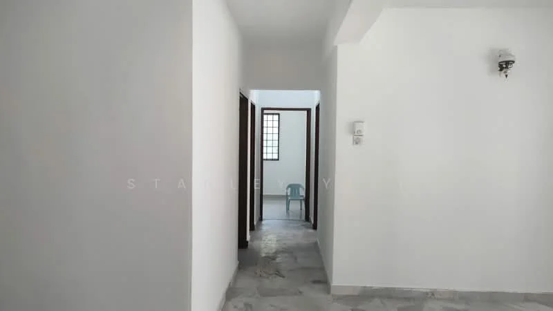 Room features: white painted walls, marble flooring, door frames, window with grid pattern, light fixture on wall, chair, hallway layout.