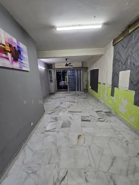 Room features: marble flooring, white painted walls, grey accent wall, ceiling fan, recessed lighting, sliding glass door, open layout, decorative wall art, exposed brick wall, unfinished wall sections; style: modern.