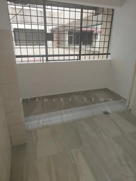 Room features: white painted walls, grey marble tile flooring, large window with metal grille, natural light from window, drainage outlet on floor; style: modern.