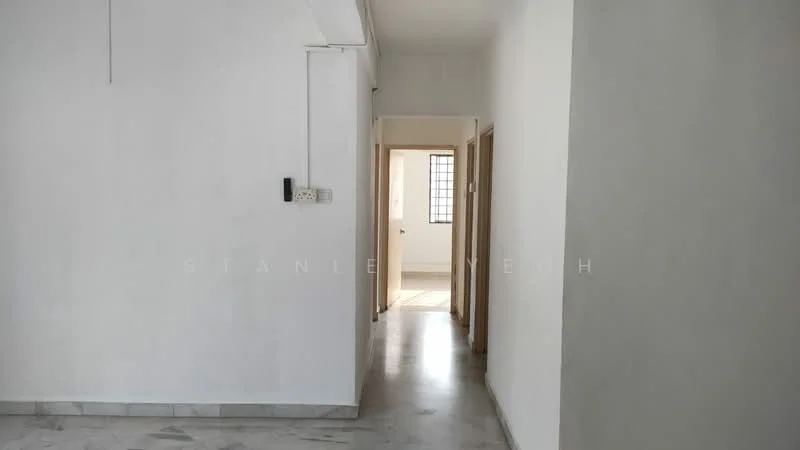 Room features: white painted walls, marble flooring, doorway leading to another room, window with grid pattern, light fixture on ceiling, neutral color scheme, open layout, hallway, natural light from window; style: minimalist.