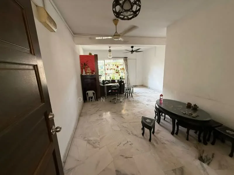Living features: white painted walls, marble flooring, ceiling fan, pendant light, dark wood coffee table, dark wood side table, dining table with chairs, large window with natural light.