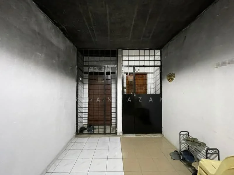 Room features: white painted walls, concrete ceiling, tile flooring in white, tile flooring in beige, metal security grilles, black door, wooden door, shelving unit, shoe rack; style: minimalist.