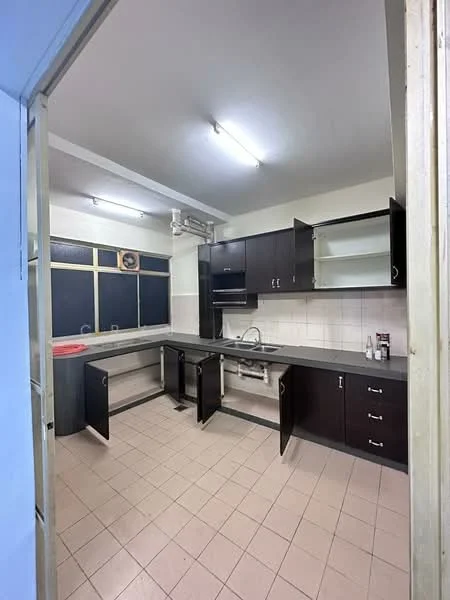 Kitchen features: dark wood cabinetry, white tiled backsplash, single-bowl stainless-steel sink, chrome pull-down faucet, countertop with space for appliances, open shelving, built-in cabinets, tile flooring, fluorescent ceiling lights, window with grid pattern, kitchen island, multiple cabinet doors, plumbing visible under sink; style: modern.