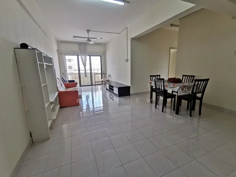 Living features: white painted walls, glossy ceramic tile flooring, 5-blade ceiling fan with light, floor-to-ceiling windows, sliding glass door, black TV console, light-colored sofa, dining table with chairs, decorative tablecloth, natural light from windows; style: modern; view: city.