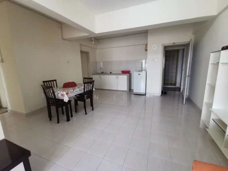 Living features: white painted walls, tile flooring, ceiling with no visible features, dining table with four chairs, refrigerator, kitchen cabinetry, sink, open layout, window with natural light, light-colored countertops, area rug, wall-mounted mirror; style: modern.