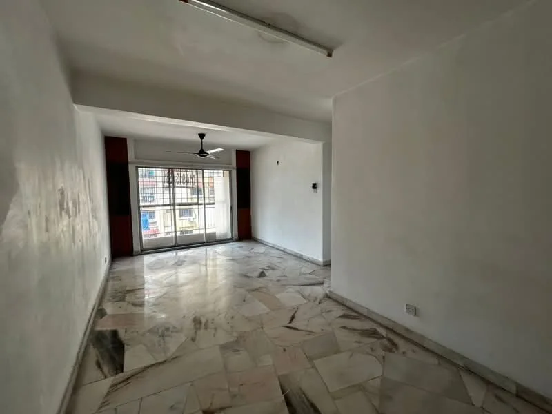 Room features: white painted walls, marble flooring, ceiling fan, sliding glass door, window with security grille, natural light from window.
