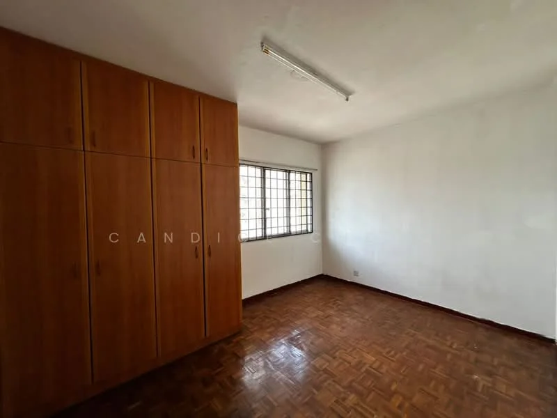 Room features: wooden flooring, white painted walls, built-in wooden wardrobe, single window with grille, ceiling light fixture, no visible furniture, empty room; style: minimalist.