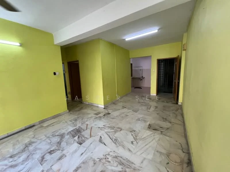 Room features: yellow painted walls, marble flooring, ceiling lights, doorway leading to another room, doorway leading to kitchen, open space layout.