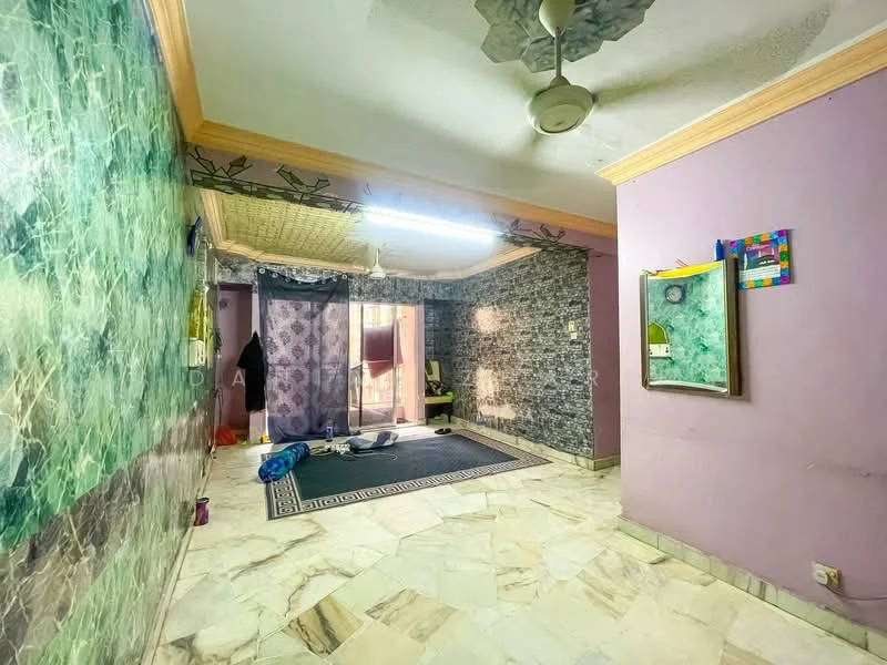 Room features: marble flooring, purple painted walls, green patterned wallpaper, ceiling fan, recessed lighting, decorative mirror, area rug, window with sheer curtains.
