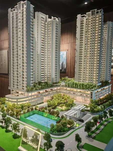 Exterior type: high-rise condominium; features: multiple high-rise towers, landscaped gardens, swimming pool, tennis court, outdoor seating areas, covered parking, main entrance gate, manicured lawns, surrounding greenery, modern architectural design, balconies on upper floors; style: modern.