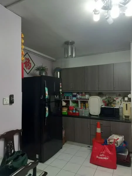 Kitchen features: black fridge, grey cabinetry, white countertop, microwave, toaster, kettle, ceramic tile flooring, recessed ceiling lights, decorative wall art, open shelving, plastic storage containers, red shopping bags, orange traffic cone; style: modern.